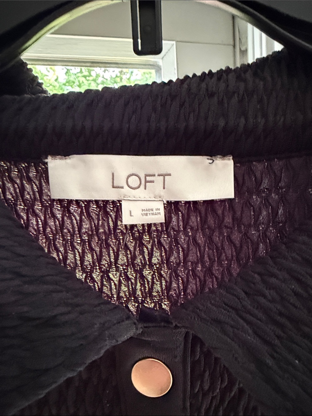 LOFT Black Textured Button-Front Ruffle Hem Top - Picture 2 of 6